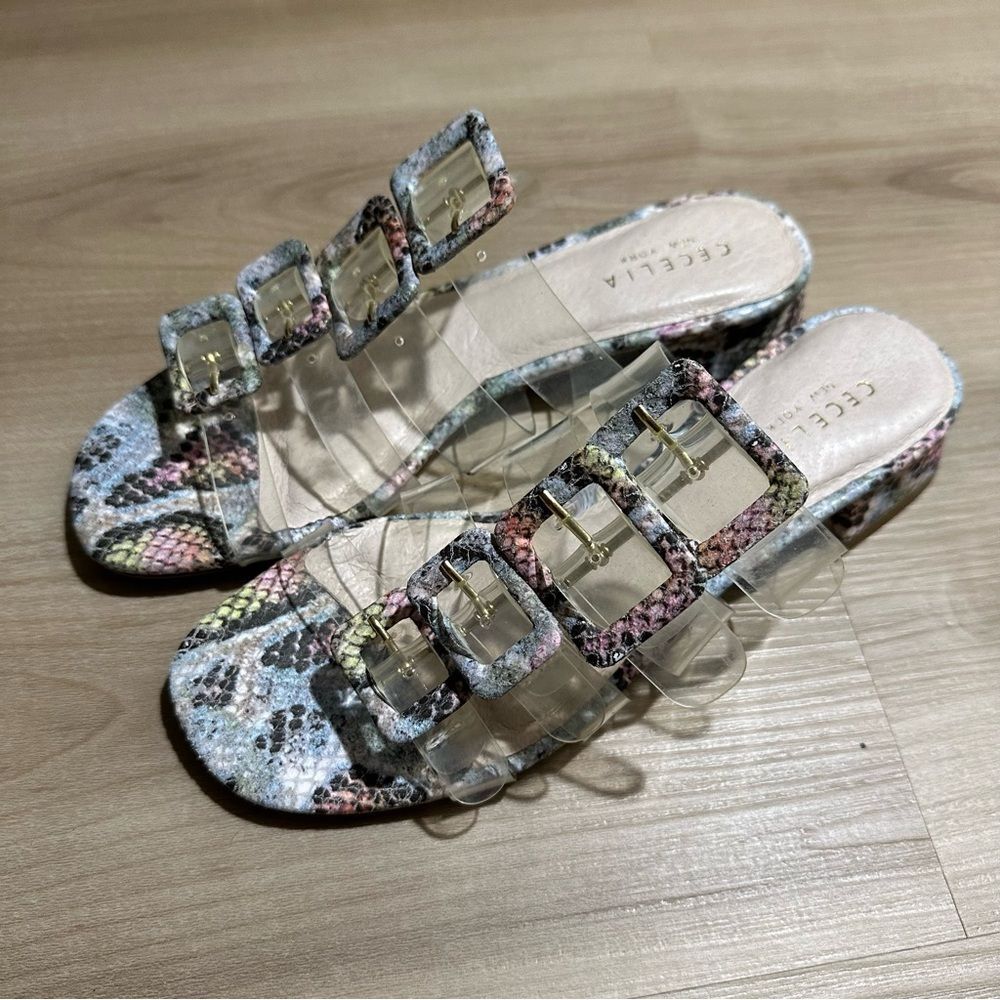 Cecelia New York Lincoln Clear Strap Snake Print Buckle Slide Sandals 7.5 - Picture 7 of 15
